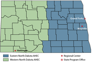 map of North Dakota Area Health Education Centers